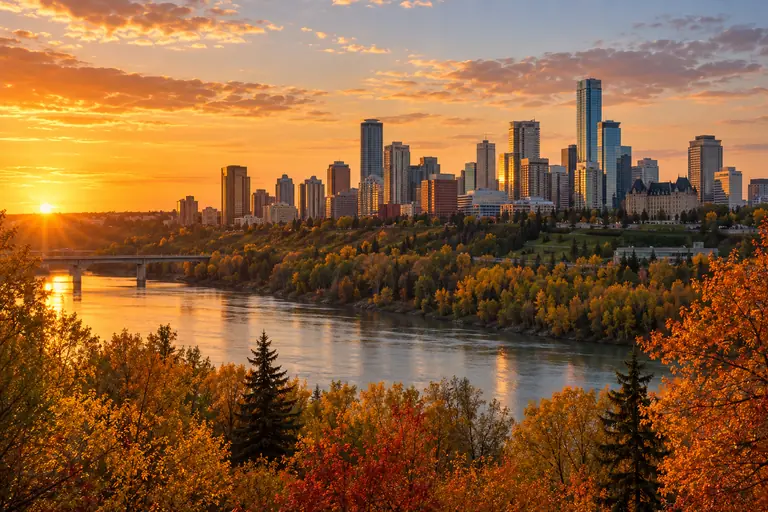 Downtown Edmonton above the North Saskatchewan River valley at sunset